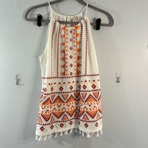 Skies Are‎ Blue Embroidered Halter Top Tassel Boho Festival Women's Size M